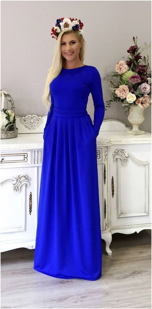 Royal Blue Round Neck Long Sleeves Prom Dress With Pockets CD15283