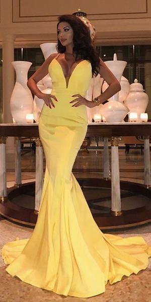 Sexy Deep V-neck Spaghetti Straps Mermaid Yellow Jersey Backless Prom Dresses CD15286