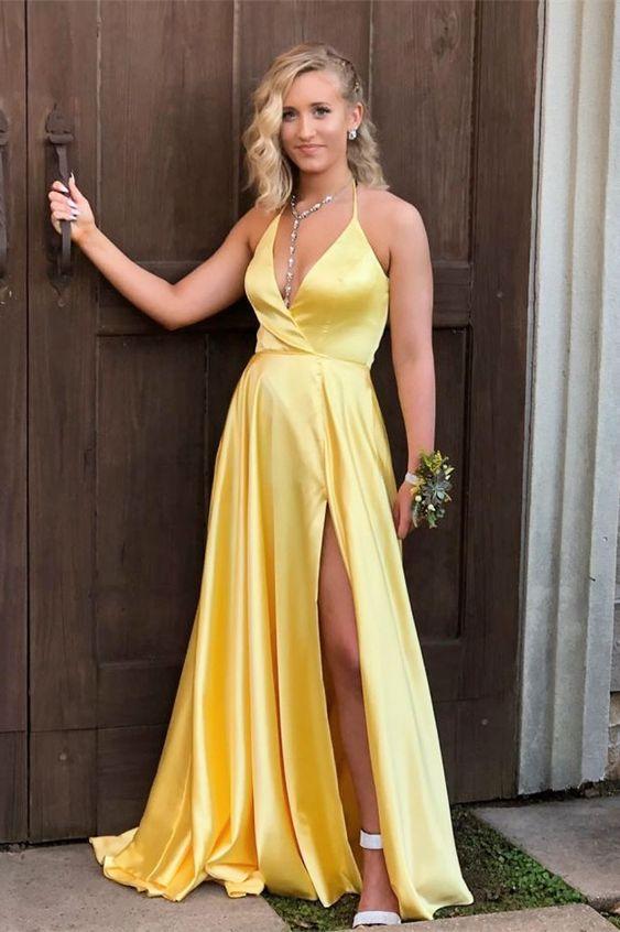 Sexy Halter Yellow Long Prom Dress CD15406