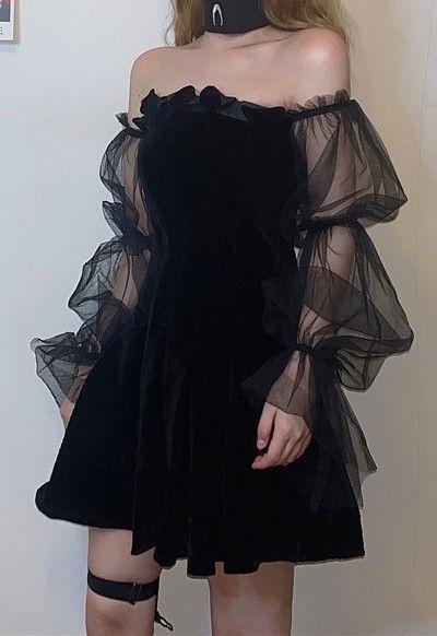 Pleated Gothic Dress with Mesh Sleeves Homecoming Dress CD15412