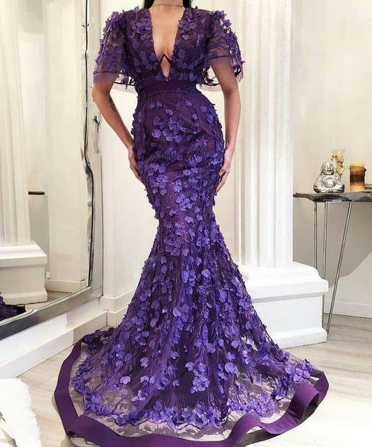 Purple Mermaid Long Prom Dress With Lace CD15465