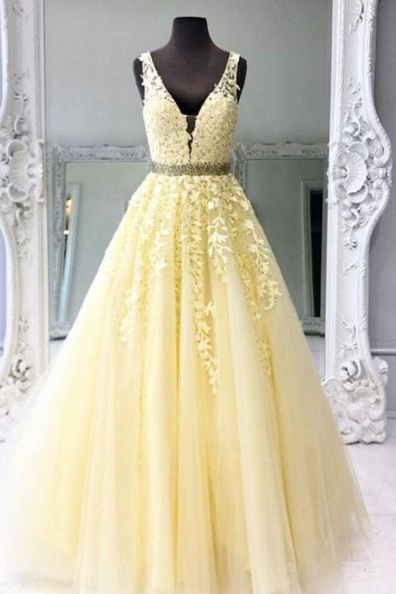Elegant Yellow Long Prom Dress with Lace Appliques CD15503