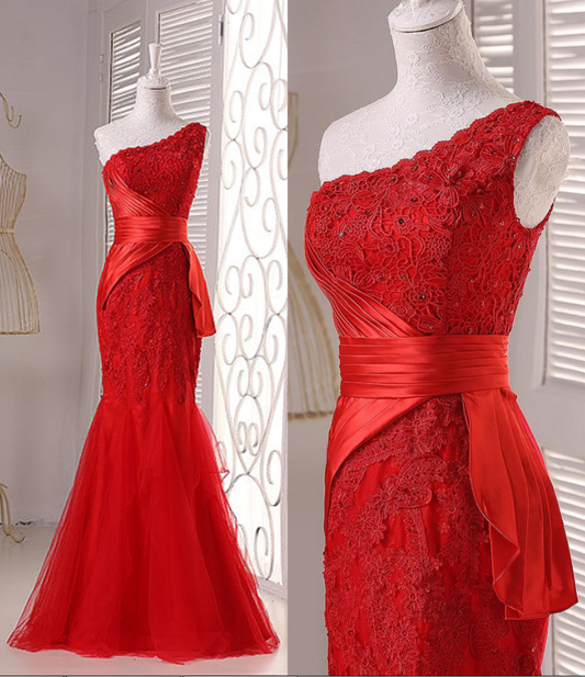 Elegant One Shoulder Red Lace Mermaid Wedding Party Dress, Red Prom Dress 2024 CD15511