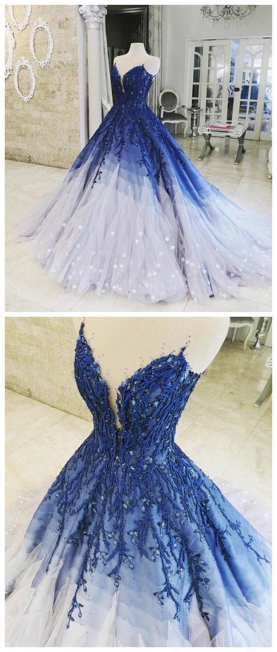A-line Ombre Prom Dress With Applique Royal Blue Prom Dresses Long Evening Dress CD1566