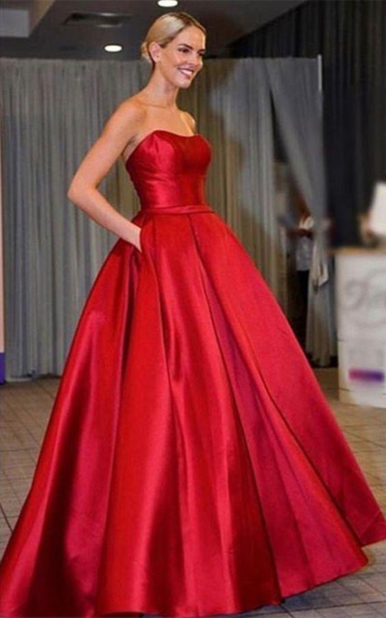 fashion Long Prom Dress red satin pocket strapless long evening party dress CD15721