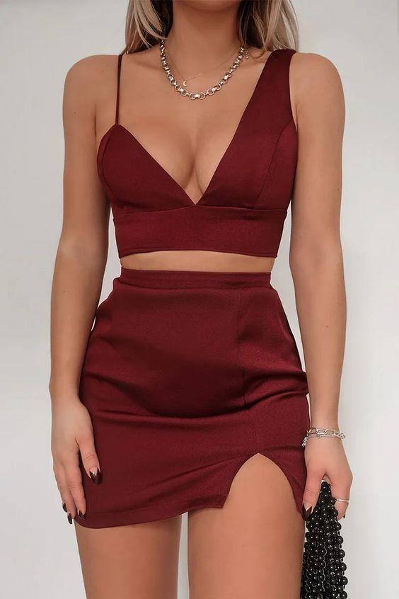 Burgundy Two Pieces Homecoming Dresses, Sexy Dark Red Satin Mini Cocktail Dress CD15731