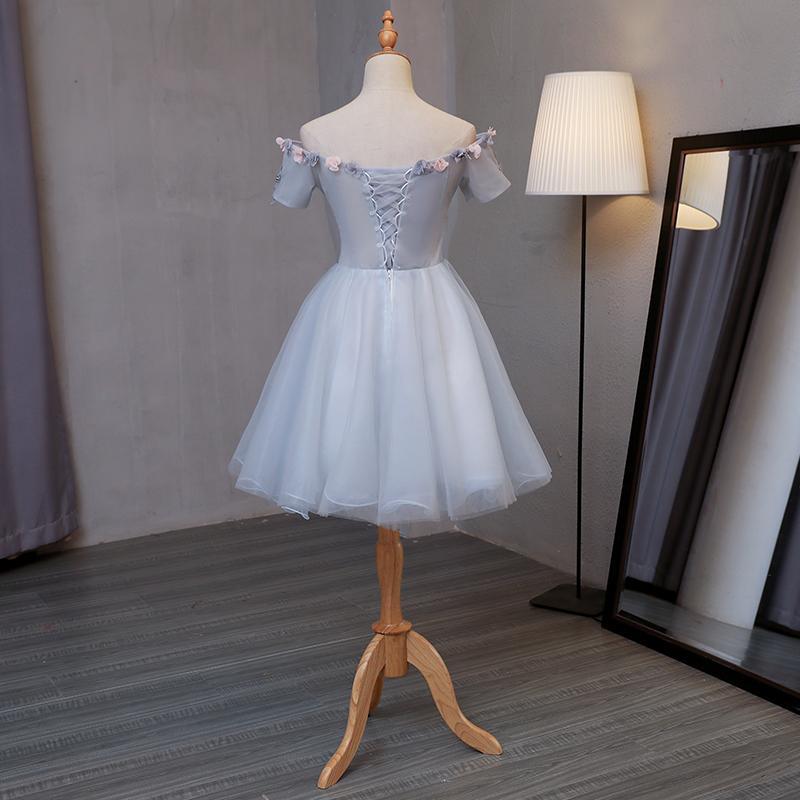 Light Grey Tulle Short Prom Dress With Flowers, Grey Homecoming Dress Graduation Dress CD15747