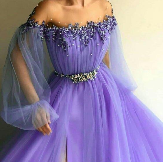 A line round neck purple prom dress with slit CD15775