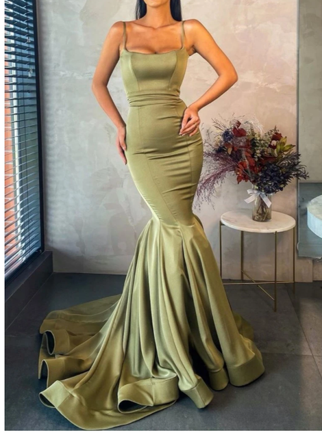 Square Neckline Olive Green Prom Dresses with Mermaid Skirt CD15780