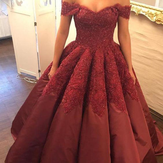 prom dress Burgundy Taffeta Wedding Ball Gown Dresses Lace Off The Shoulder CD15790