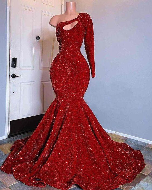 Red Sequined Black Girls Mermaid Prom Dresses 2024 Plus Size One Shoulder Long Sleeve Sequined Keyhole Prom Gowns CD15792