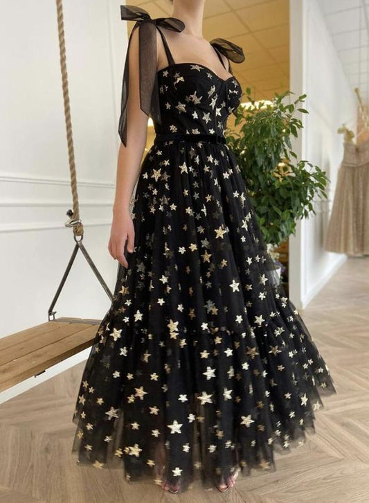 Black tulle sequins short prom dress with stars CD15810