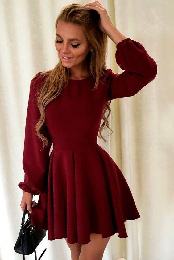 A-Line long sleeve burgundy homecoming dress CD1582