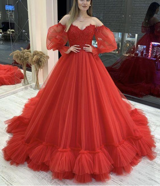 Elegant Red Tulle Ball Gown prom Dresses CD15856
