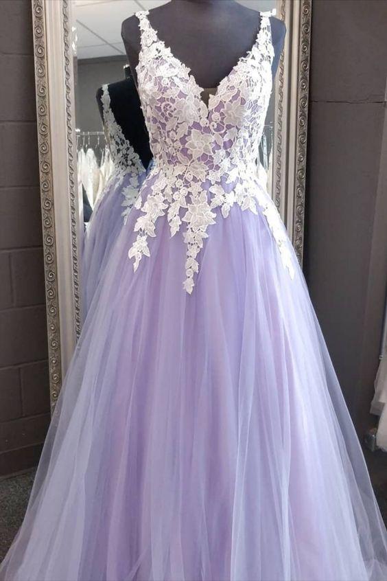 A-line Lavender and White Lace Long Prom Dress CD15869