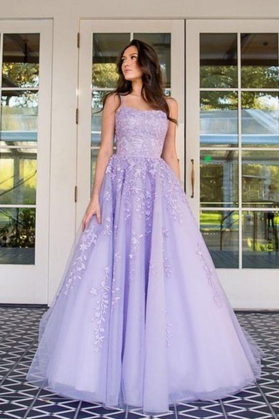 Lavender Lace Tulle Appliques Long Prom Gown CD15875