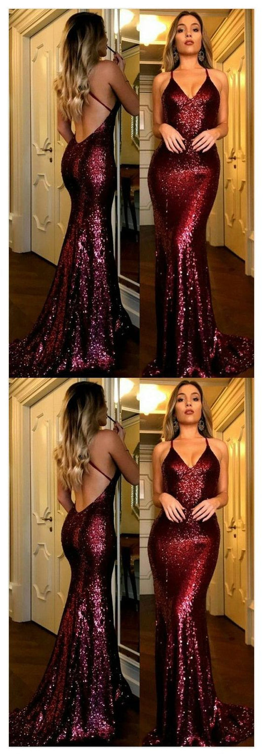 Sexy Halter V-Neck Open Back Sequined Burgundy Prom Dresses Long Evening Gowns CD15963
