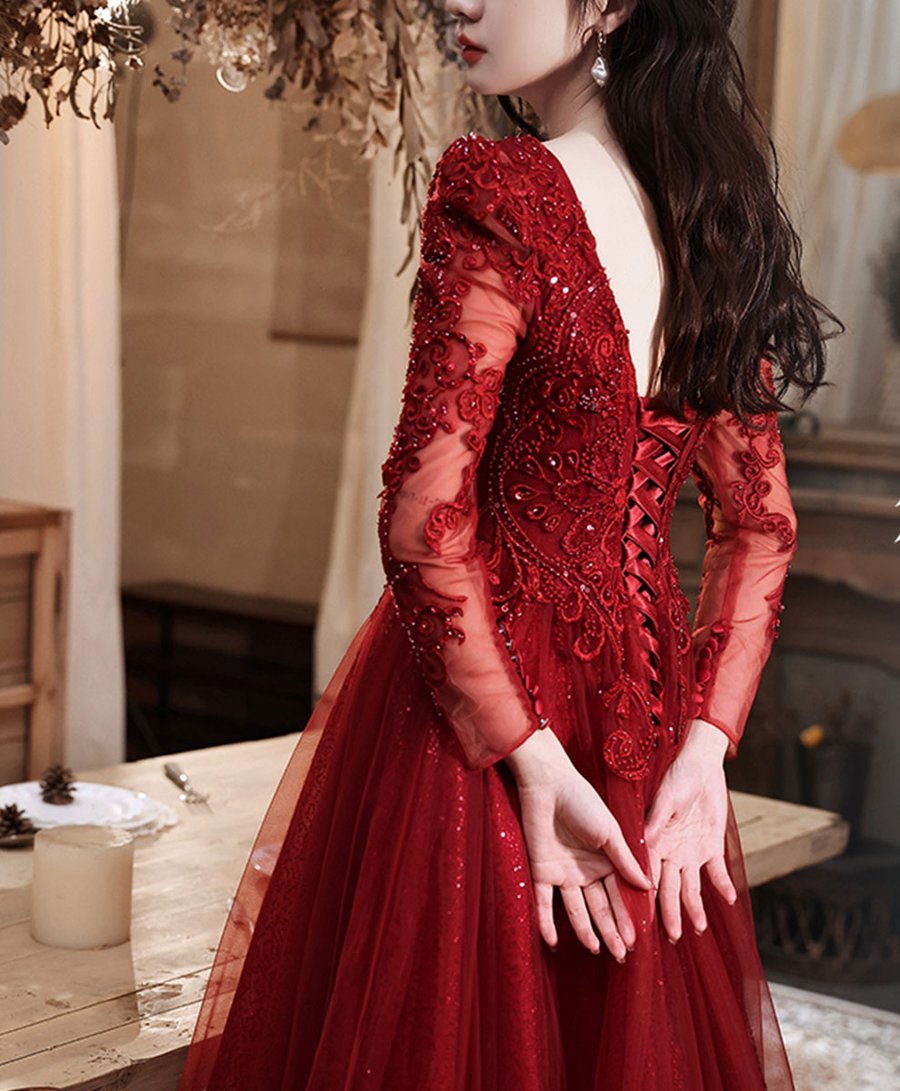 Burgundy tulle lace long prom dress, burgundy bridesmaid dress CD15977