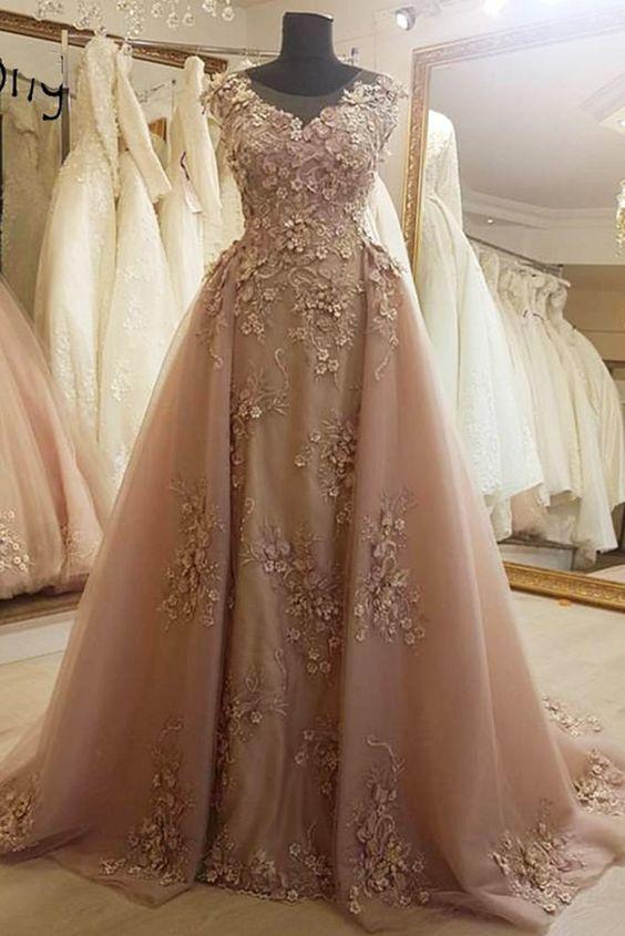 Deep champagne tulle cap sleeve long formal prom dress, evening dress with applique CD15985