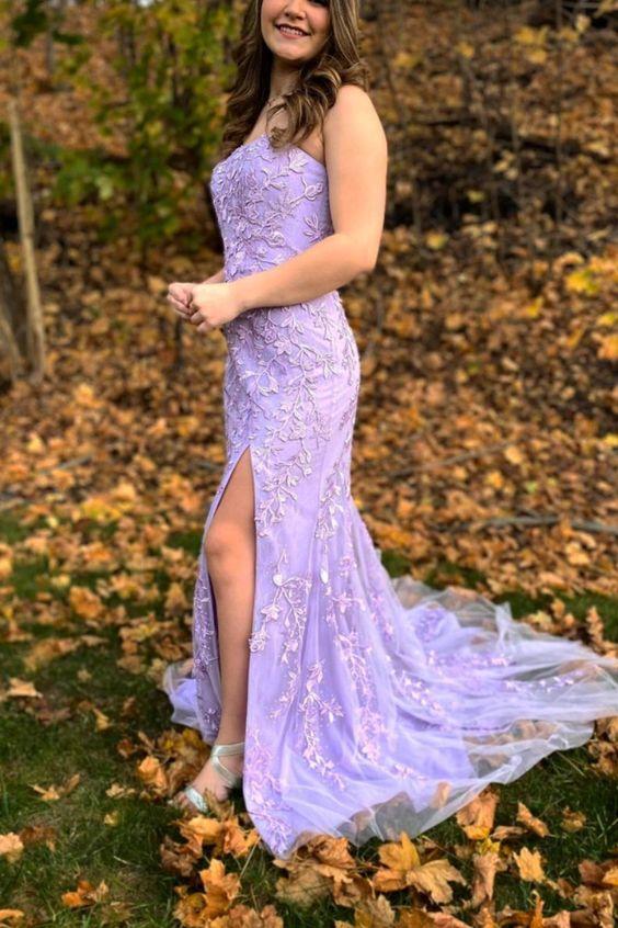 Strapless Lavender Lace Long Prom Dress with Slit CD15988