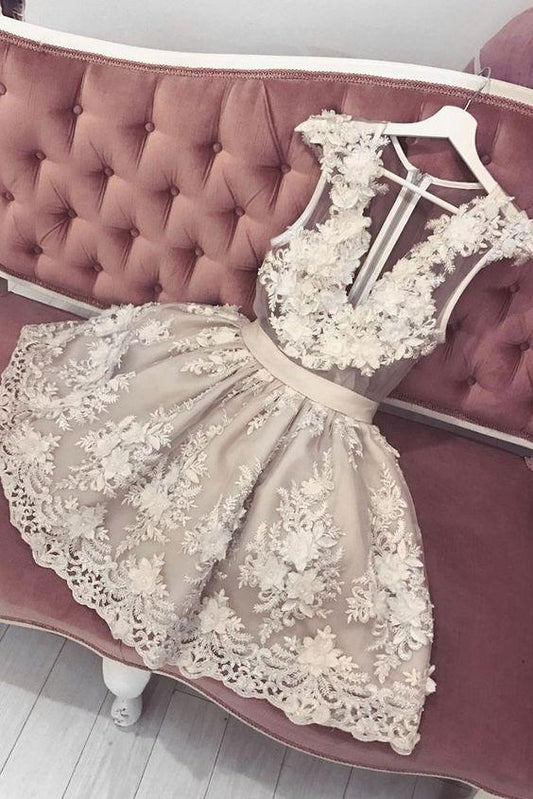Cute v neck tulle lace short homecoming dress, lace homecoming dress, lace formal dress CD1601