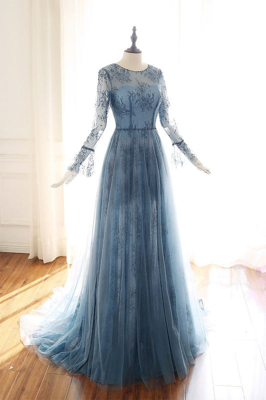 Blue tulle lace Long sleeve prom dress, blue bridesmaid dress CD1602