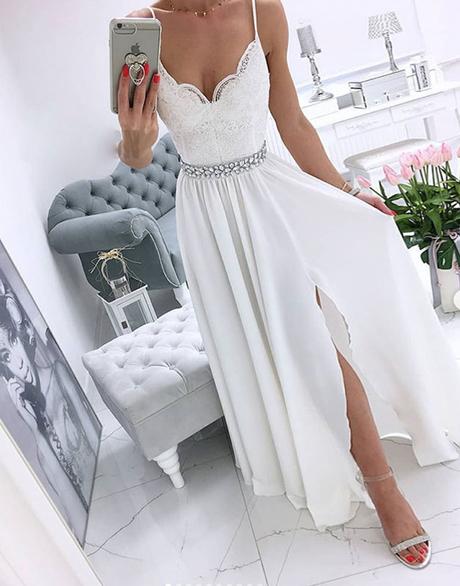 White v neck chiffon long prom dress, white evening dress CD1607