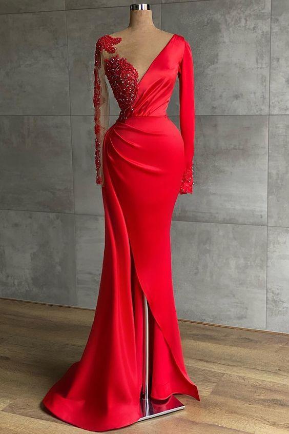 Red evening dress long | Prom dresses with sleeves CD16094