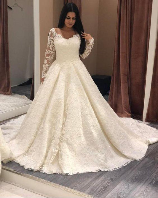 Long Sleeves Plus Size Lace Wedding Gown with V-neckline prom dress CD16112