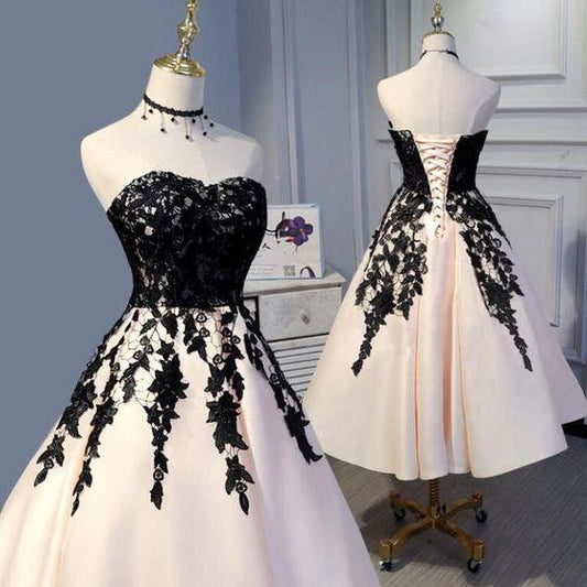 Tea Length Champagne and Black Lace Wedding Party Gown Formal homecoming dress CD1616
