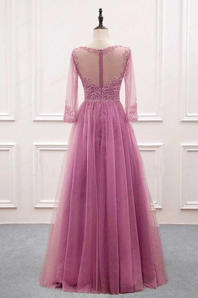 prom Dress New Arrival Beaded Prom Dress Floor Length Formal Gown Tulle Pink Long Sleeves CD16195