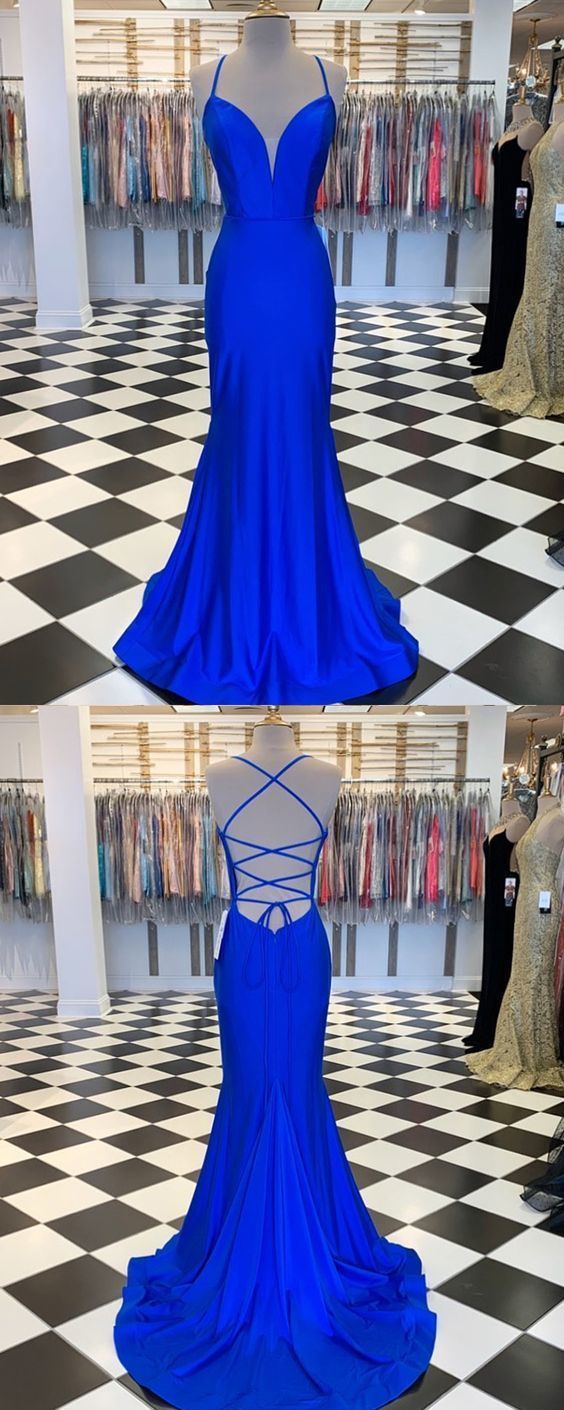 Spaghetti Straps Blue Satin Mermaid Prom Dress CD16214