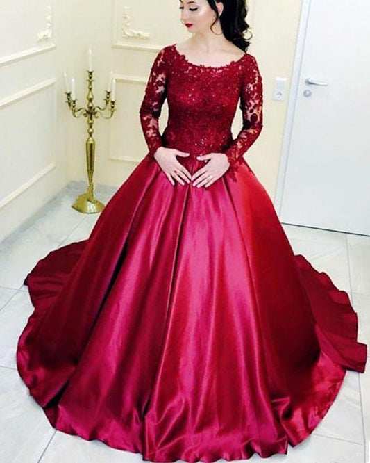 Burgundy ball gown wedding dresses lace long sleeves prom dress CD16247