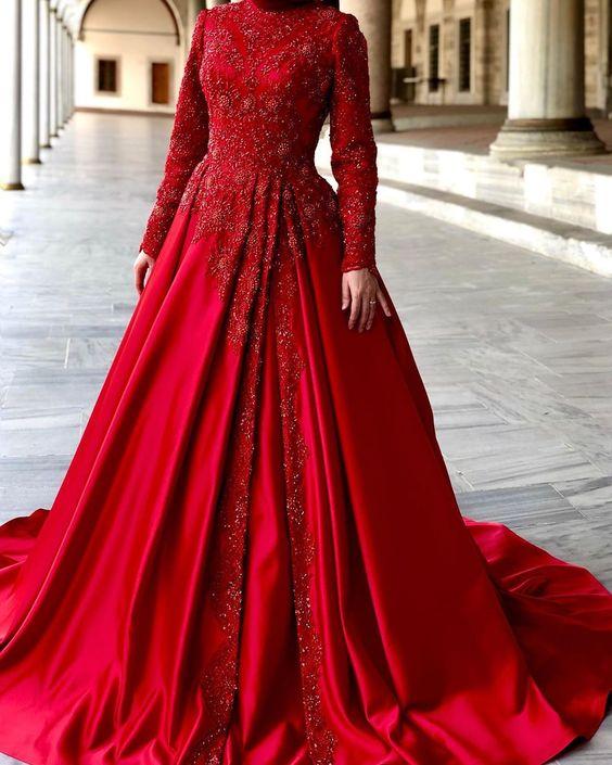 red ball gown wedding dresses lace long sleeves prom dress CD16248