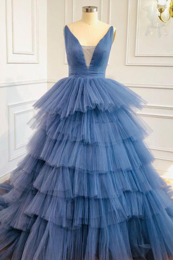 Blue Tiered Long Formal Gown Prom Dress CD16261