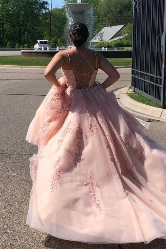lace up back pink long prom dress CD16266
