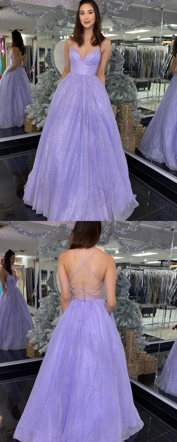 Spaghetti Straps Lavender Sequin Prom Dress with Pockets CD16289