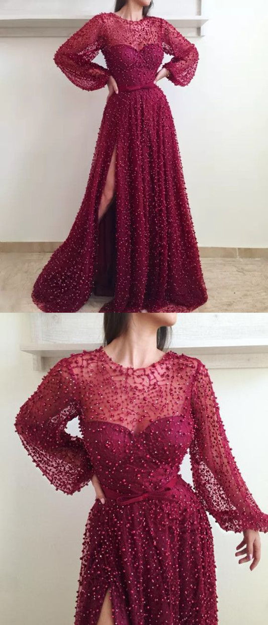Luxury Pearl Long Sleeve Burgundy Long Prom Dress with Split CD16299