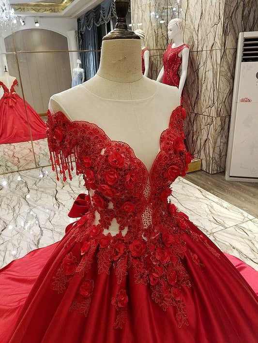 New High-end Luxury Satin Evening Dress Bride Married Red Lace Flower with Beading Sweep Train Long Prom Party Gowns CD16313