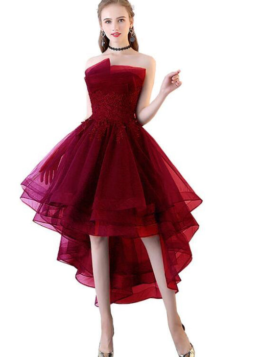 Chic High Low Dark Red Tulle Short Prom Dress With Lace Applique, Tulle Prom Dress CD16318