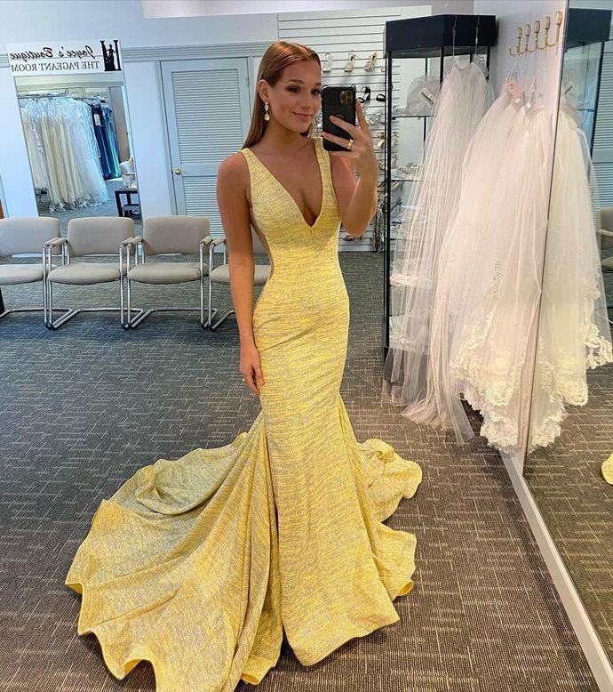 Plunge Yellow Mermaid Evening Dress prom dress CD16327