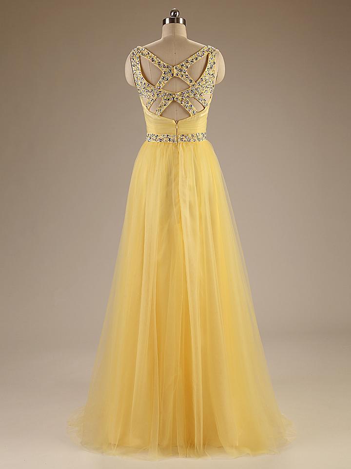 Spaghetti Straps Long Tulle Evening Gowns, Charming Long Prom Dresses, Yellow Dresses CD16336