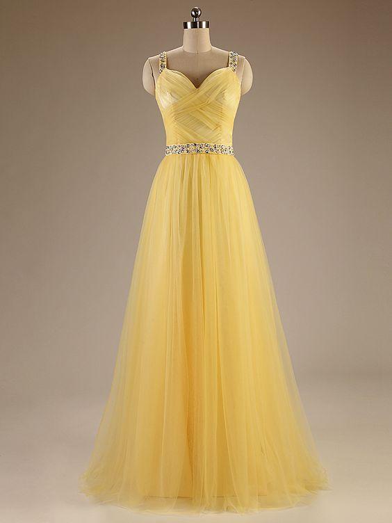 Spaghetti Straps Long Tulle Evening Gowns, Charming Long Prom Dresses, Yellow Dresses CD16336