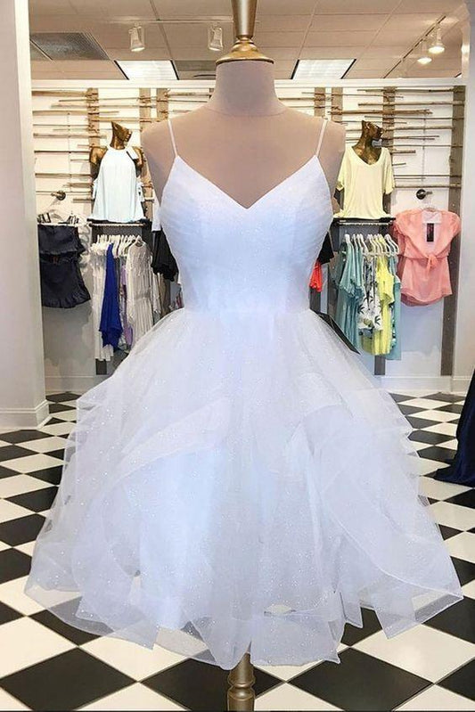 White tulle layered V neck short homecoming dress, white A line party dress CD1634