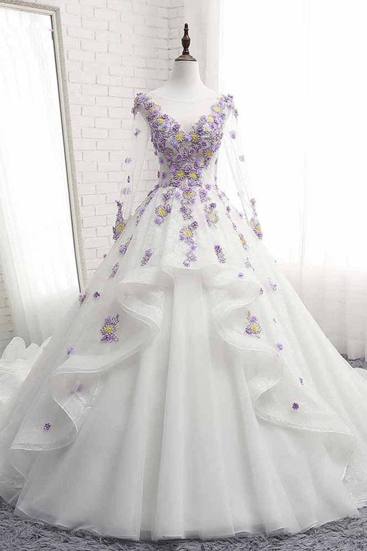 White Tulle Ruffles Long 3D Flower Lace Applique Prom Dress, Quinceanera Dress With Sleeve CD16403