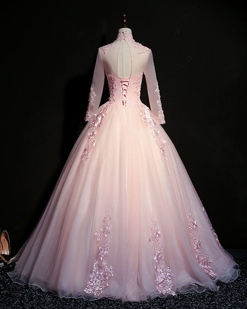 Pink tulle beaded long lace applique formal prom dress, evening dress with sleeve CD16436