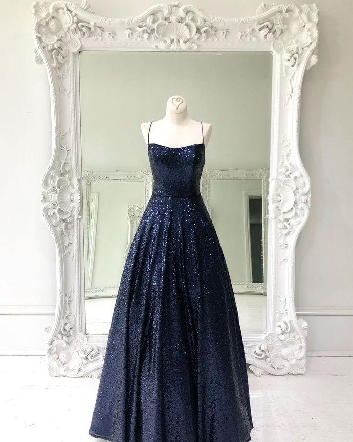 Navy Blue Sequined A-line Long prom Dress CD16512