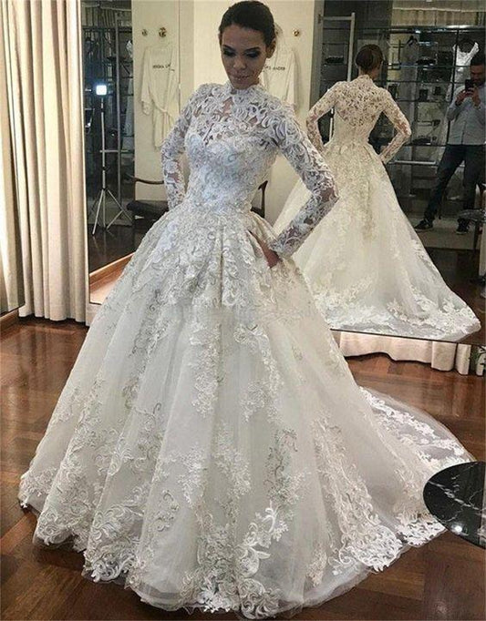 Sexy Ball Gown Appliques Lace Wedding Dress Long sleeve High Neck Embroidery Prom Dress CD16520