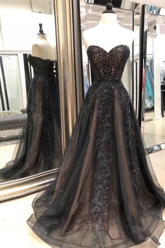 Black Sweetheart Tulle Lace Strapless Beads Prom Dresses with Lace up Evening Dresses CD16589