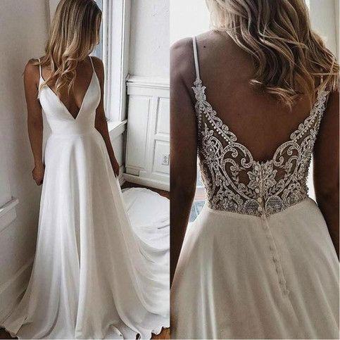 Simple V Neck Chiffon A Line Boho Beach Wedding Dresses Beaded Applique Formal Bridal Gowns prom dress CD16598